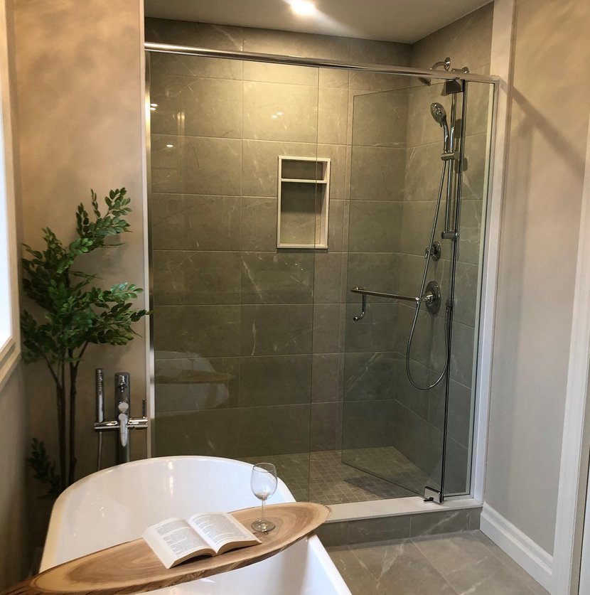 Leaks Plumbing — freestanding tub and glass shower renovation
